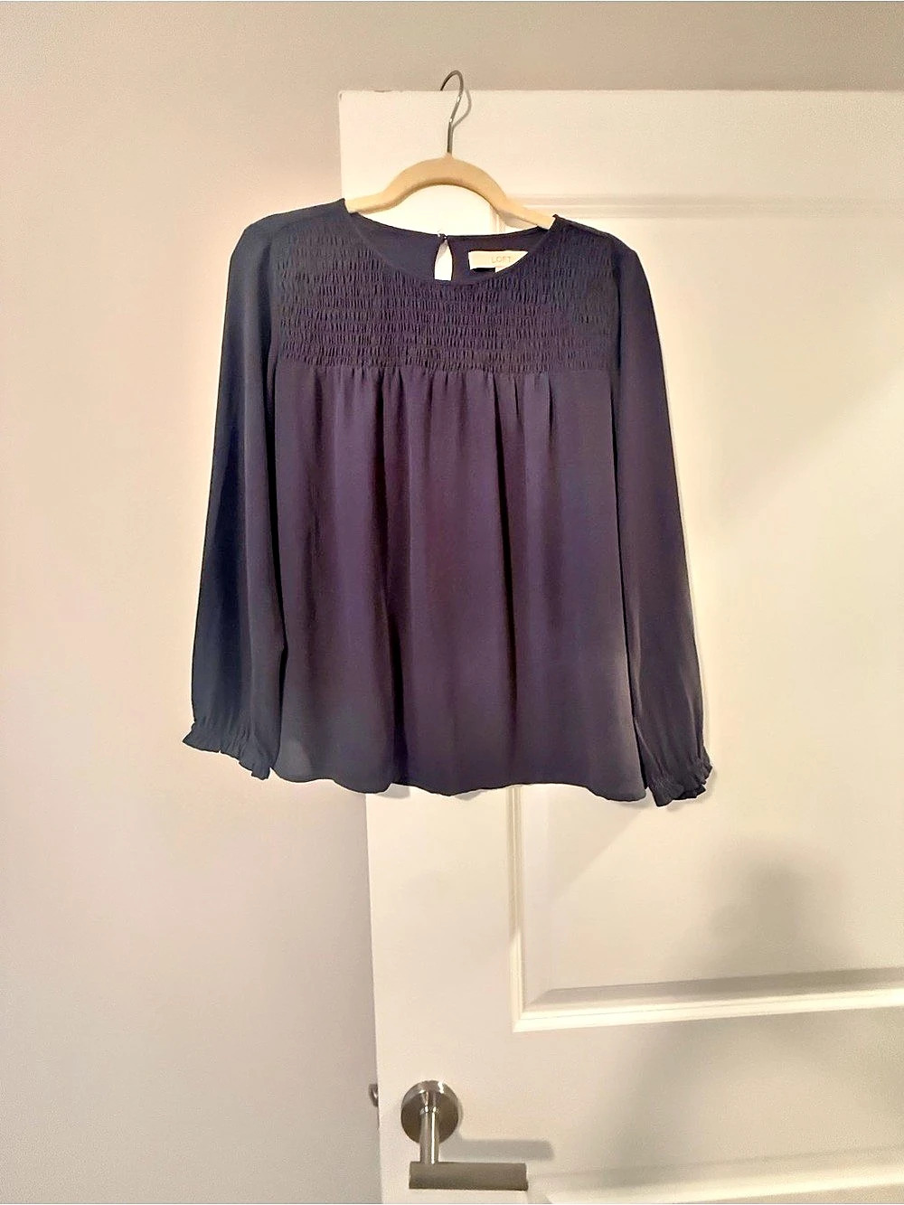 LOFT Smocked Yoke Blouse in Black Size Medium Like New